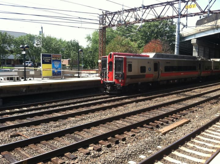 The train that hit a woman at the Cos Cob station remains parked at the station late Friday morning. 