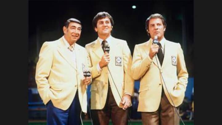 Frank Gifford, right, teamed with Howard Cosell, left, and Don Meredith in the early years of Monday Night Football on ABC.