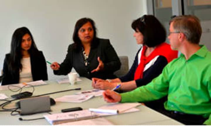 Pooja Brahmania and Swati Deshpande share their findings with Fairfield Chamber of Commerce Executive Director Beverly Balaz and Fairfield&#x27;s Community and Economic Development Director Mark Barnhart.