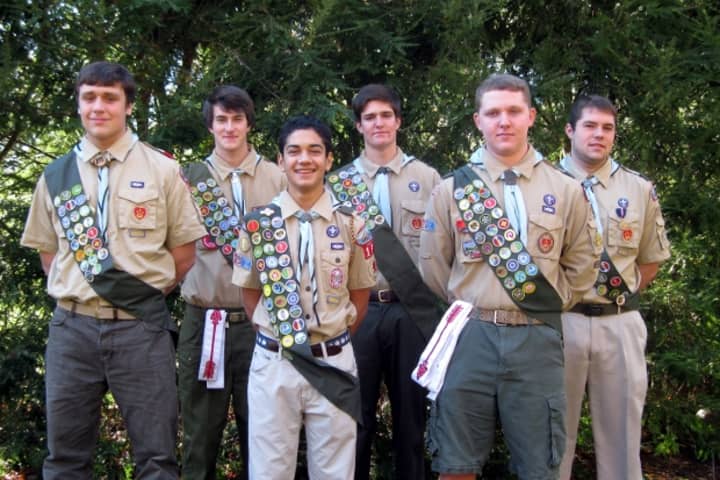 Fairfield&#x27;s newest Eagle scouts, from left: William Poling, William Fuda, Michael Connelly, Conor McGuinness, Eric Rasmussen and Michael McQuade.