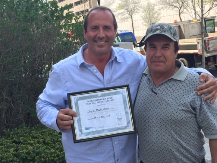 Commissioner Anthony Bove (left) in 2013 after winning the award in the Westchester County Top-Tasting Water Contest.