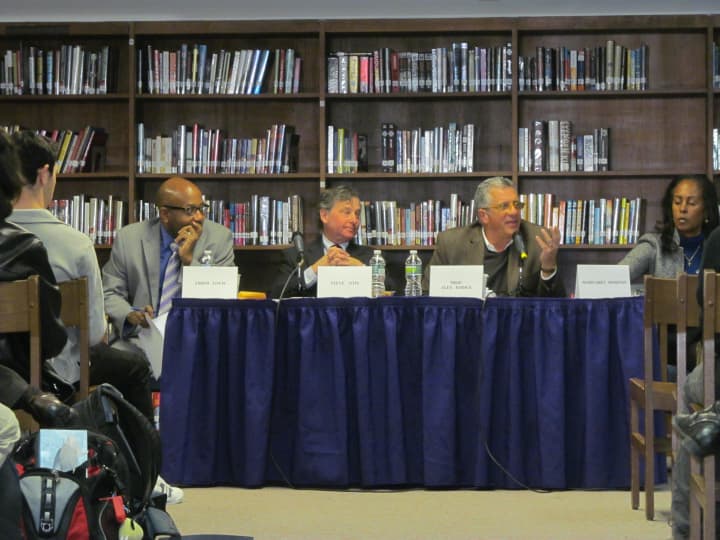Panelists discuss issues with New Rochelle High School AP students Thursday.