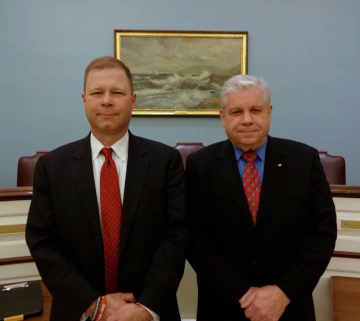 Steven Baker (left) and incumbent Ray Albanese met in Bronxville Village Hall to discuss their candidacy in the upcoming Eastchester Board of Fire Commissioners election. 