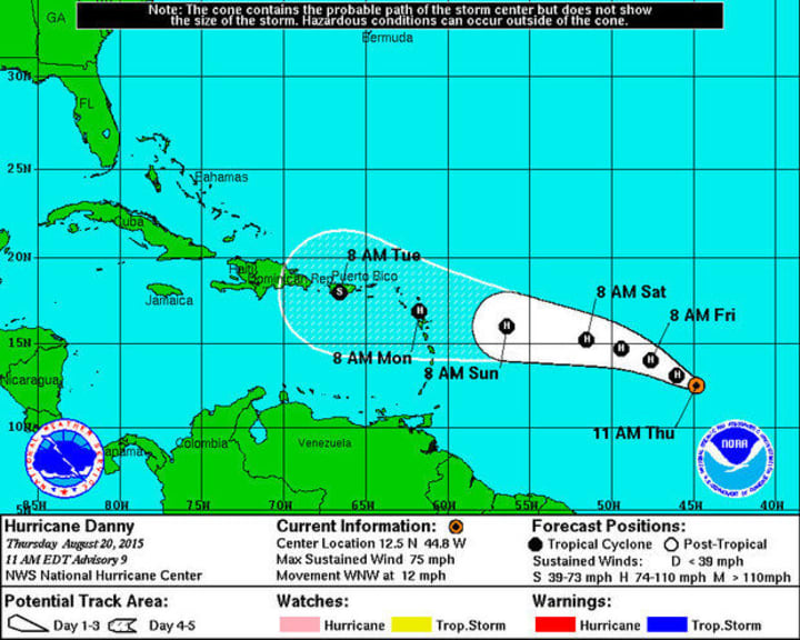 Hurricane Danny, the first hurricane of the 2015 season, has formed and is headed towards Puerto Rico.