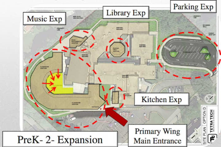 This drawing shows the expansions that would be added to Alice E. Grady Elementary School if voters approve the Elmsford school district&#x27;s capital plan on Wednesday.