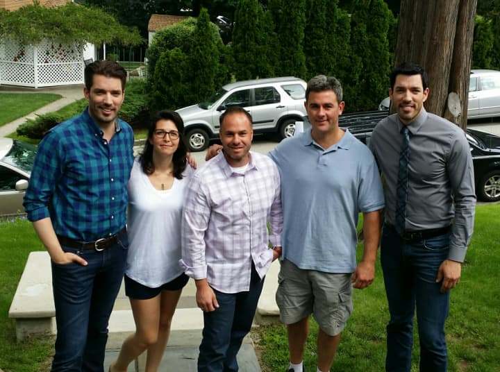 Justin Pieragostini (center), with Olivia Lopuzzo (second from left) and Dan Lopuzzo (second from right). The hosts of &quot;Property Brothers&quot; are on the  left and right.