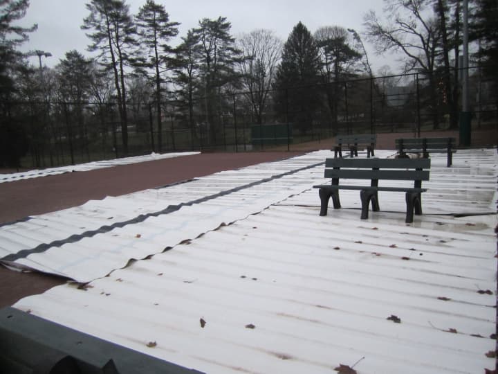 Briarcliff Manor crews are constructing an ice rink on top of the clay tennis courts in Law Park. It will be available before the end of the year. 