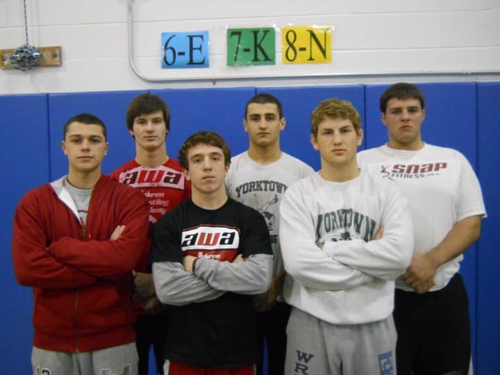 Seniors, from left, Kyle Santucci, Steven Sabella, Jimmy Kaishian, Thomas Murray, Joe Mastro and David Varian were among seven finalists for the Yorktown wrestling team at the Bethpage Tournament. 