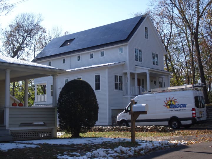 Solar panels are installed on this Westport home through the Solarize Westport program. 