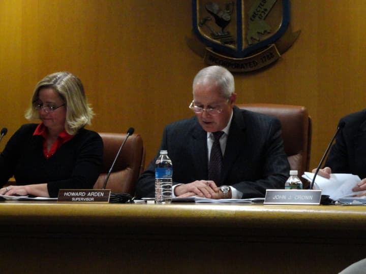 Town Supervisor Howard Arden, right, and Diane DiDonato-Roth, left, presented the North Castle 2013 budget Wednesday night.