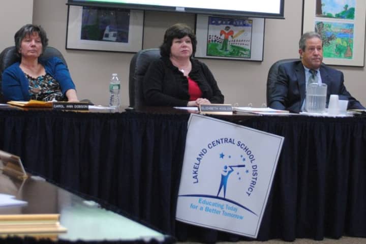 Lakeland&#x27;s Board of Education Vice President Carol Ann Dobson, President Elizabeth Kogler and Schools Superintendent George Stone at a meeting earlier this year.