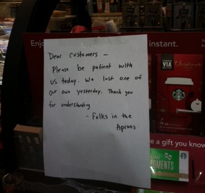 This sign was posted at the Starbucks at Danbury Fair Mall Saturday morning. 