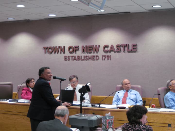 Chuck Napoli, front, presents his Chappaqua Hamlet Revitalization Concept plan to the New Castle Planning Board on Tuesday night at the New Castle Town Hall.