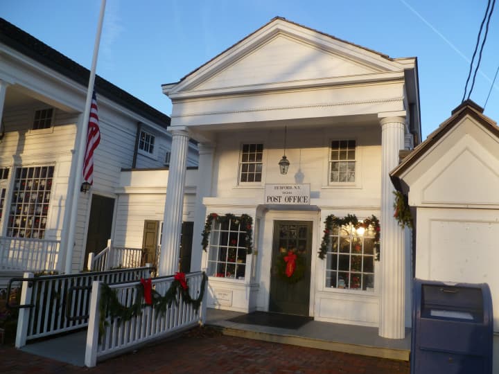 The Bedford Post Office looks quaint and classic this holiday season.
