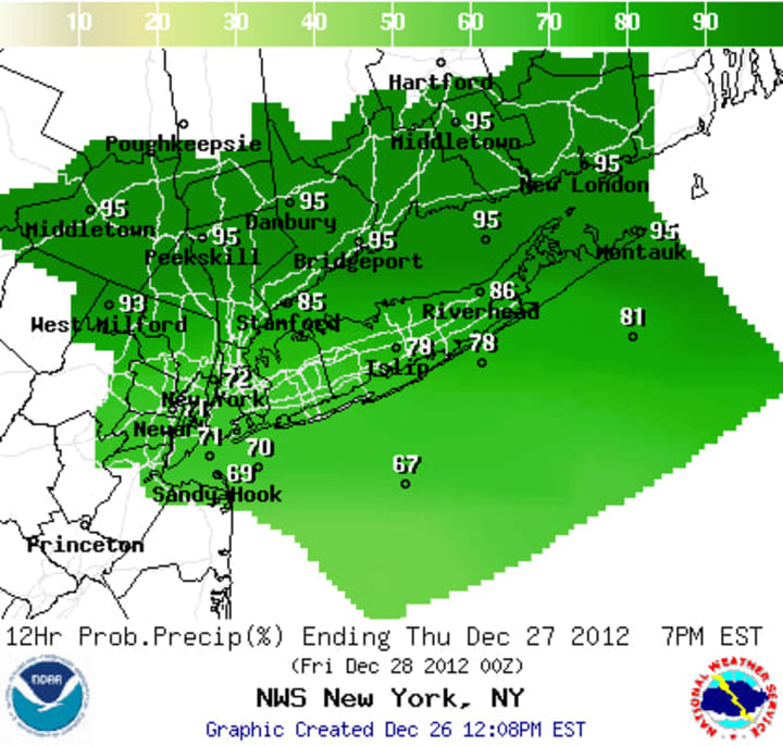 The percent chance of winter precipitation overnight is high for all of Westchester County.