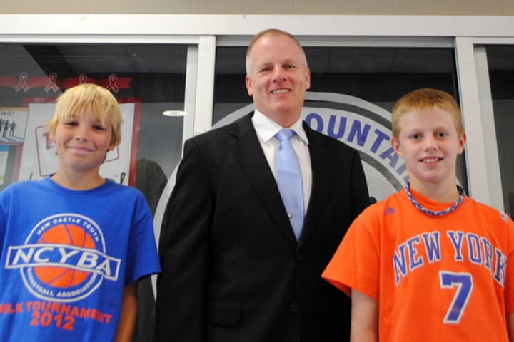 Blue Mountain Middle School student Daniel Cunningham, 11, right, with Principal John Owens and Emerson Alcock, 11. Daniel saved Emerson from choking.