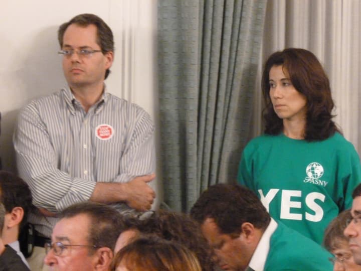 Proponents and opponents of the French-American School of New York&#x27;s proposed White Plains campus wait to speak at the first of three public hearings in 2012. 