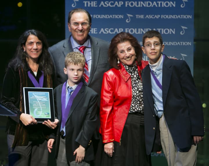 Lisa Sandegata of the Music Therapy institute, Eastchester students Max Shearon and Paul Evangelista accept the ASCAP award with Barbara and John Lofrumento.