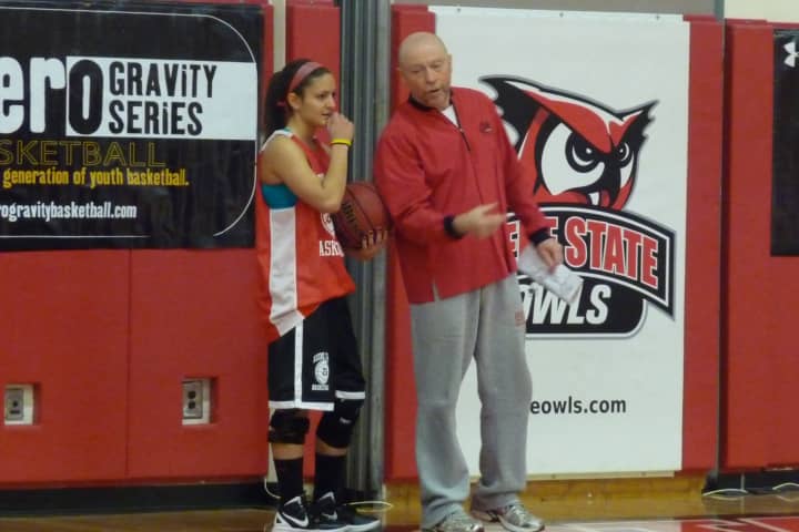 Stamford&#x27;s Kelsey Cognetta talks with Keene State women&#x27;s basketball coach Keith Boucher.
