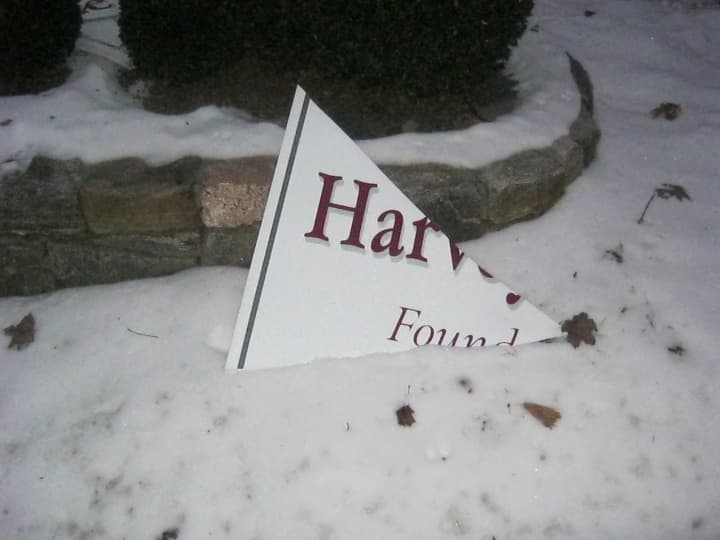 Vandals destroyed the sign at the entrance to the Harvey School, a Katonah private school, Bedford police said Tuesday.