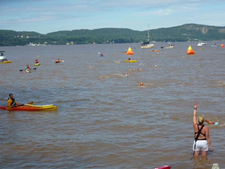 Ossining&#x27;s Riverkeeper recently released a report on sewage found in the Hudson River. Swimmers and kayakers at the finish of the &quot;Swim for Life&quot; swim across the Hudson River in this submitted photo. 