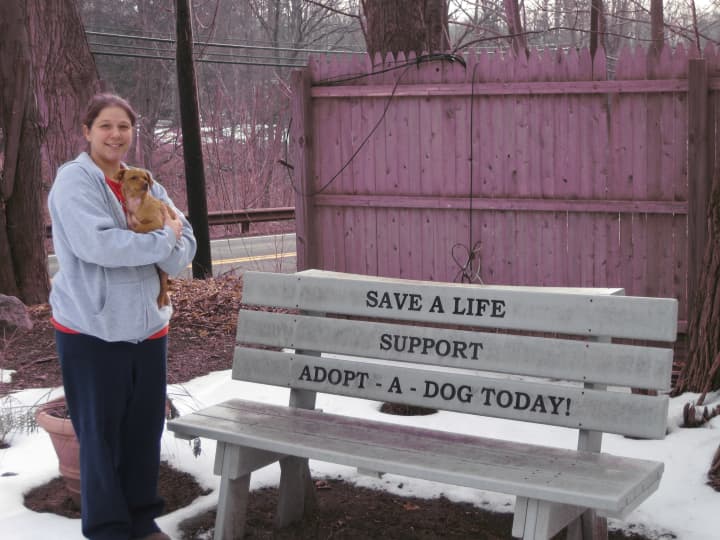 Adopt-A-Dog Inc. kennel manager Kristen Alouisa stands with a puppy named Cinnamon outside of the shelter, which is at 23 Cox Ave., Armonk.