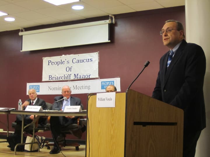Briarcliff Manor Mayor William Vescio speaks at the People&#x27;s Caucus annual nominating meeting Wednesday night.