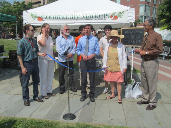 New Rochelle Mayor Noam Bramson and City Council members at the New Rochelle farmers market.