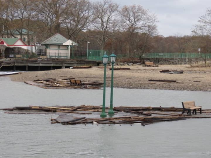 A portion of the boardwalk at Playland Park in Rye floats in the Long Island Sound following Hurricane Sandy on Oct. 30. 