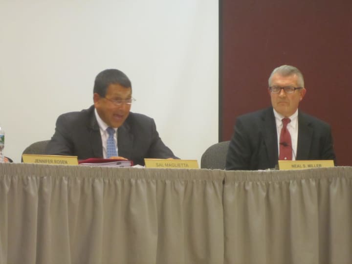 The Briarcliff Manor School District announced the departure of Superintendent Neal Miller, right, in an emailed statement from board President Sal Maglietta, left. 