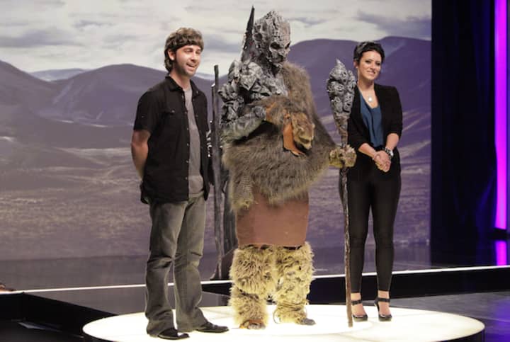Hartsdale resident Meagan Hester, far right, stands with her partner Anthony and her goblin king creation. The team won the first round of the reality competition &quot;Face Off.&quot;