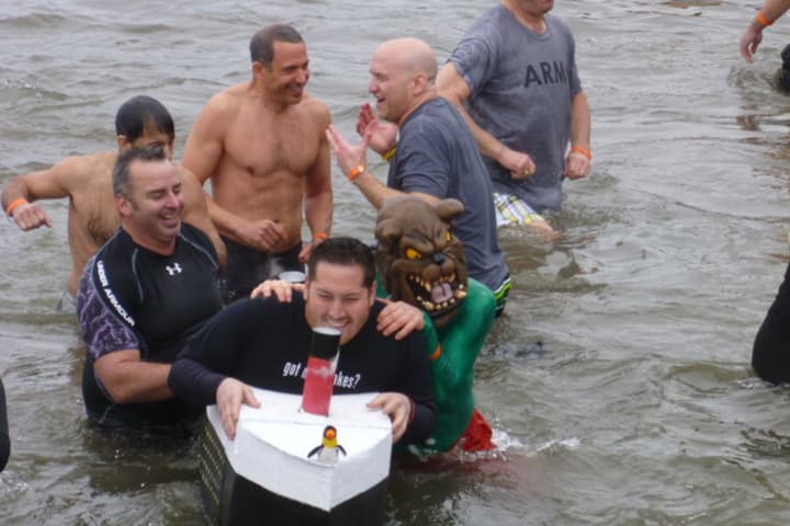 Irvington residents swim in the Hudson River as part of the Penguin Plunge fundraiser in March 2012.