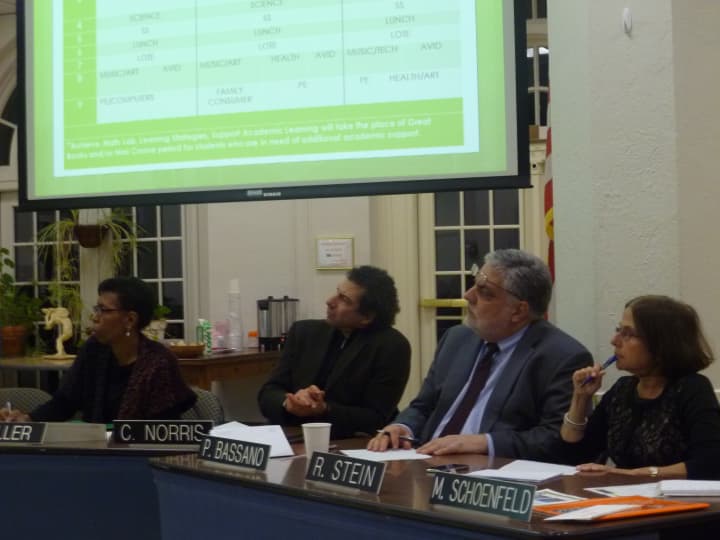 The White Plains Board of Education asked questions of the White Plains Middle School Redesign Steering Committee on Tuesday night. 