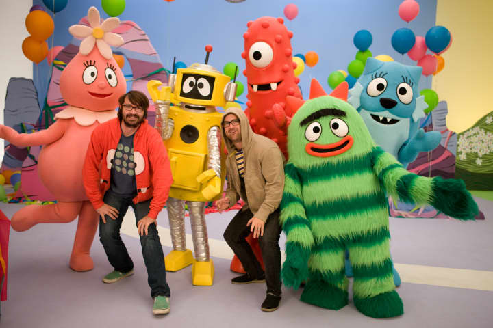 Yo Gabba Gabba creators Christian Jacobs and Scott Schultz stand with the whole crew from the live show coming to the Capitol Theatre on Sunday. 