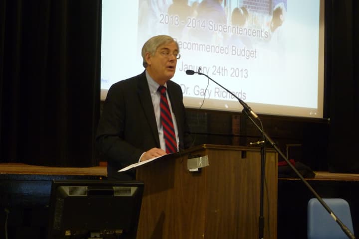 Wilton Schools Superintendent Gary Richards talks about the proposed 2013-14 school year budget on Thursday at Middlebrook School. 