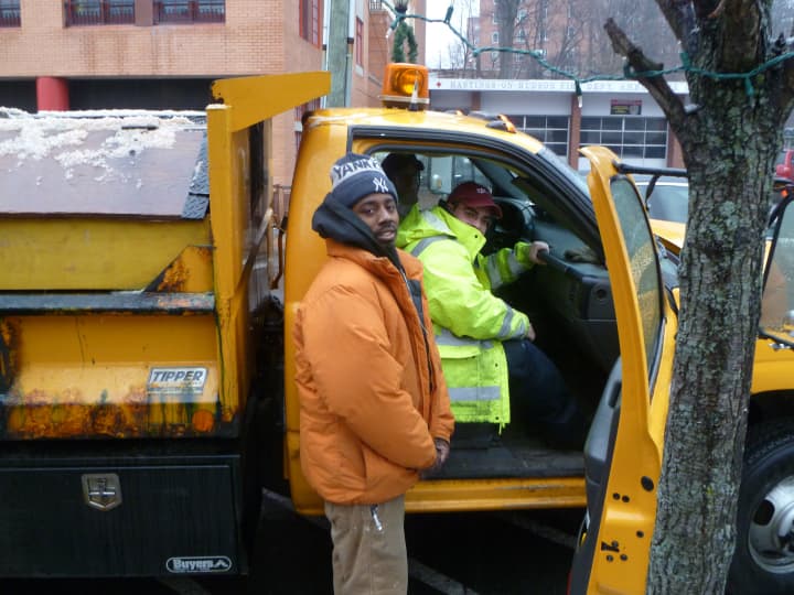 Hastings Department of Public Works crew heads out with a salt spreader.