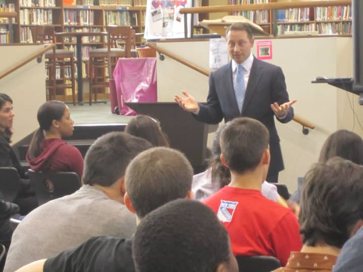 Westchester County Executive Rob Astorino speaks to Ossining High School business students Tuesday about achieving success in business.