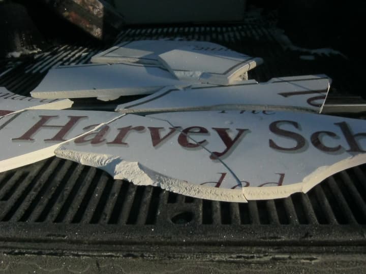 The Harvey School&#x27;s entrance sign was destroyed for the second time this month, Bedford police said.