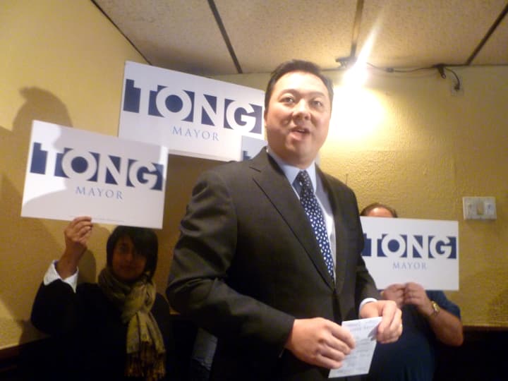 William Tong of Stamford announces his run for mayor Monday at Sorrento&#x27;s Pizza &amp; Restaurant. 