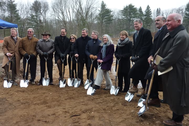 Westport Weston Family Y officials take part in ground-breaking ceremony for the new facility at the Y&#x27;s Mahackeno Outdoor Center Tuesday afternoon.