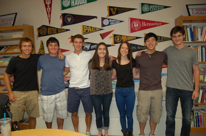 Byram Hills High School National Merit Finalists, from left: Connor ODay, Lance Mack, Jonathan Bricker, Jennifer Gold, Brooke Robbins, Andrew Kim, and Jonathan Bohrer.