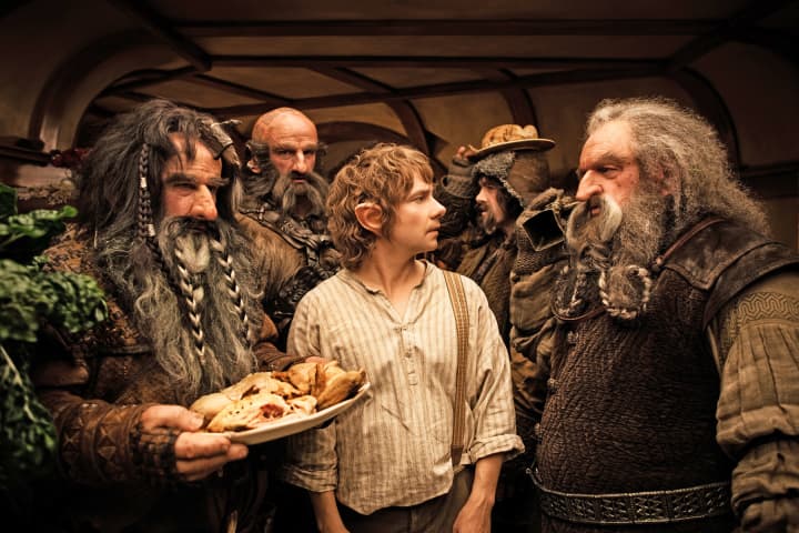 Bilbo Baggins (Martin Freeman), center, takes an unexpected journey in the film The Hobbit, opening Feb. 15 on the giant IMAX screen at The Maritime Aquarium at Norwalk.