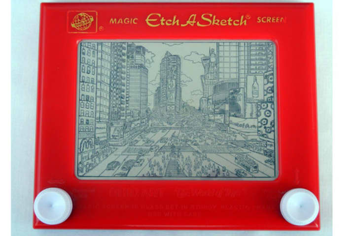 Bryan Lee Madden exhibits his Etch-A-Sketch artwork at the Somers Library in February.