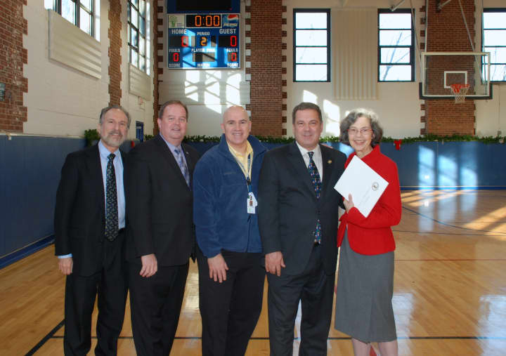 From left: Yonkers Council members Michael Sabatino and John Larkin, ANDRUS Executive VP Brian Farragher, Mayor Mike Spano and Nancy Woodruff Ment, CEO of ANDRUS, at ceremony in the newly renovated gym.