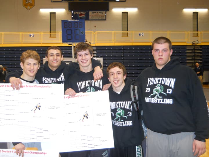 Yorktown seniors, from left, Joe Mastro, Thomas Murray, Steven Sabella, Jimmy Kaishian and David Varian led the Cornhuskers to a second-place finish at the Section 1 Large-School Wrestling Championships Monday.
