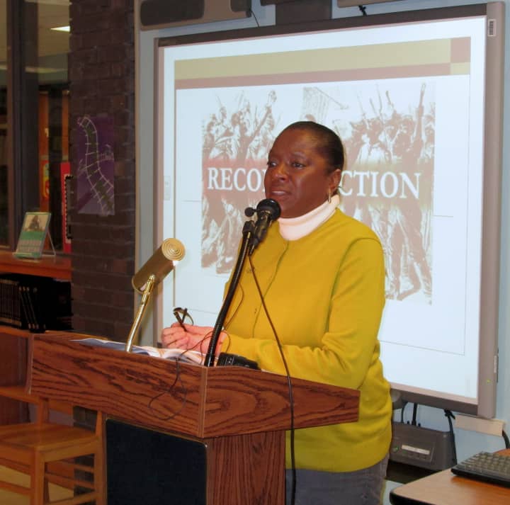 New Rochelle author Linda Tarrant Reid spoke at Yonkers&#x27; Saunders Trades and Technical High School about the Reconstruction Era in celebration of Black History Month.