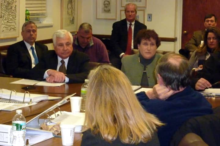 From left, Westport Superintendent Elliott Landon and Board of Education Chairwoman Elaine Whitney Wednesday night update members of the Board of Finance on the proposed school security study.