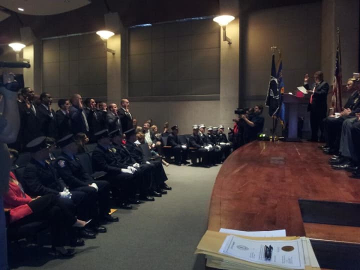 Thirty-two new firefighters were sworn in Friday at the Yonkers Riverfront Library.