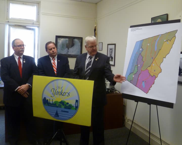 Yonkers Republican City Councilmen (from left) Mike Breen, John Larkin and Dennis Shepherd (right) unveil their plan for redrawn district boundaries Tuesday inside City Hall. 