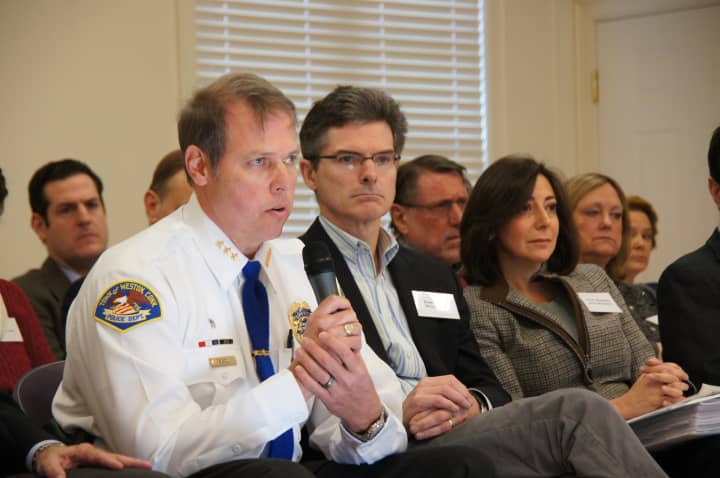 Weston police chief John Troxell and selectmen Dennis Tracey and Gayle Weinstein at a recent &quot;Speak Up Saturday&quot; meeting. 
